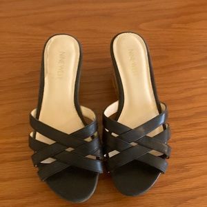 9 West women’s platform wedge black leather upper open toe slip on’s-cork wedge